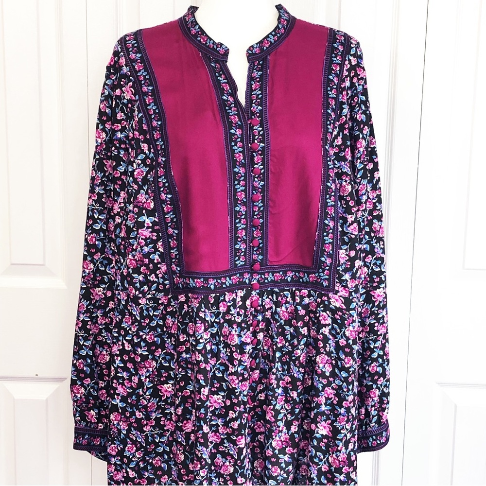 NWT Woman Within Black & Pink Rose Floral Print Bib Front Tunic Blouse 1X